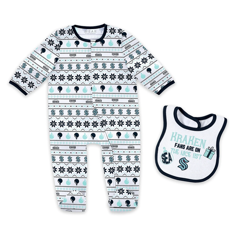 Newborn WEAR by Erin Andrews Seattle Kraken Allover Print Full-Zip Sleeper & Bib Christmas Set