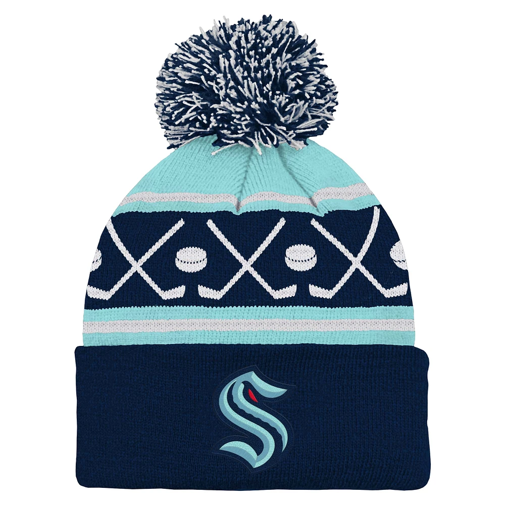 Bonnet en tricot à revers avec pompon Seattle Kraken Faceoff pour jeune bleu marine