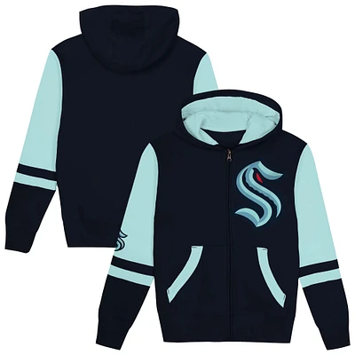 Sweat à capuche entièrement zippé bleu marine profond Seattle Kraken Face Off pour enfants d'âge préscolaire