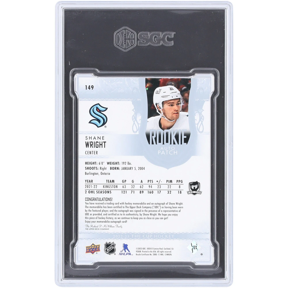 Shane Wright Seattle Kraken Autographed 2022-23 Upper Deck The Cup Rookie Auto 2 Color Relic #149 #74/99 SGC Authenticated 9.5/10 Rookie Card
