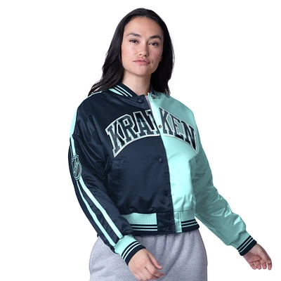 Women's Starter  Light Blue/Navy Seattle Kraken Zone Blitz Cropped Full-Snap Varsity Jacket