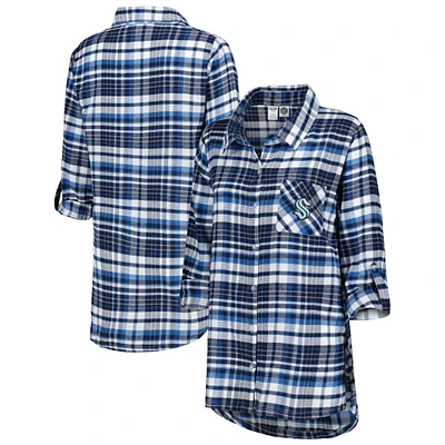 Women's Concepts Sport Deep Sea Blue Seattle Kraken Mainstay Flannel Full-Button Long Sleeve Nightshirt