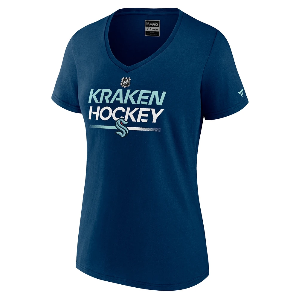 T-shirt à col en V authentique Pro Seattle Kraken Fanatics Deep Sea Blue pour femmes