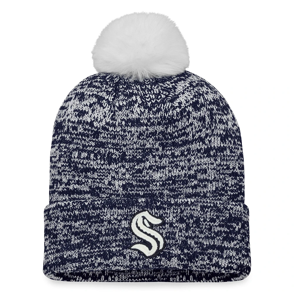 Bonnet en tricot à revers Seattle Kraken Glimmer Fanatics Deep Sea Blue pour femmes avec pompon