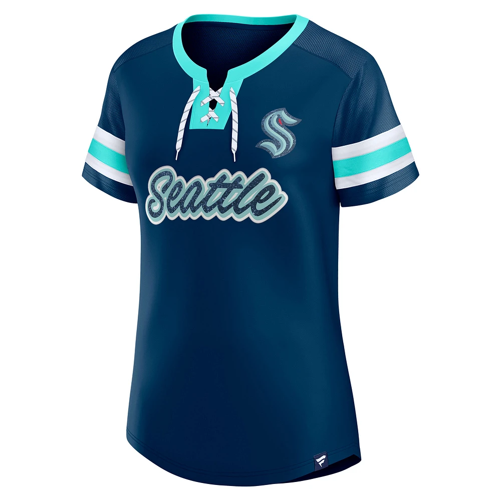 Women's Fanatics Deep Sea Blue Seattle Kraken Iconic Athena Lace-Up T-Shirt