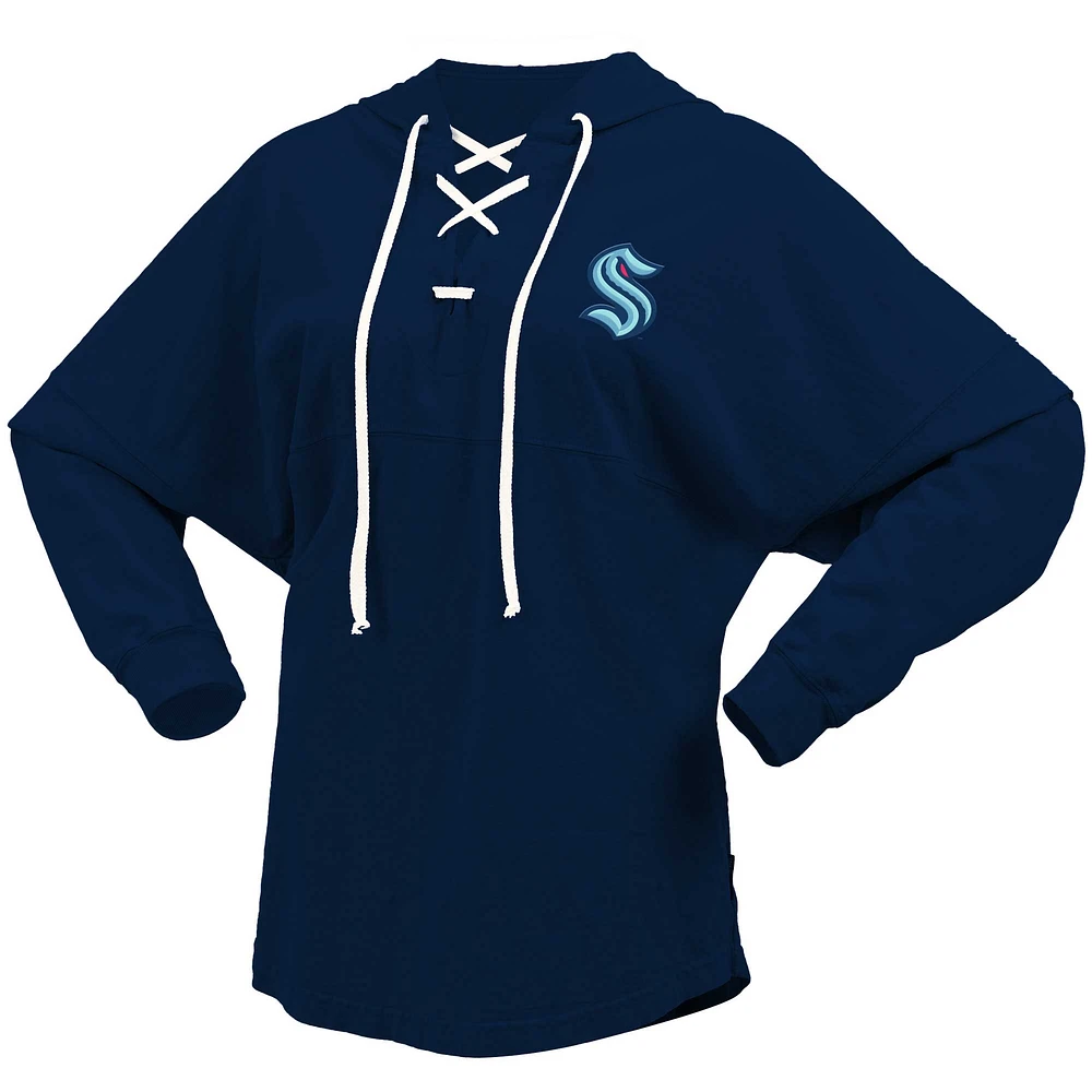 Women's Fanatics Deep Sea Blue Seattle Kraken Jersey Lace-Up V-Neck Long Sleeve Hoodie T-Shirt