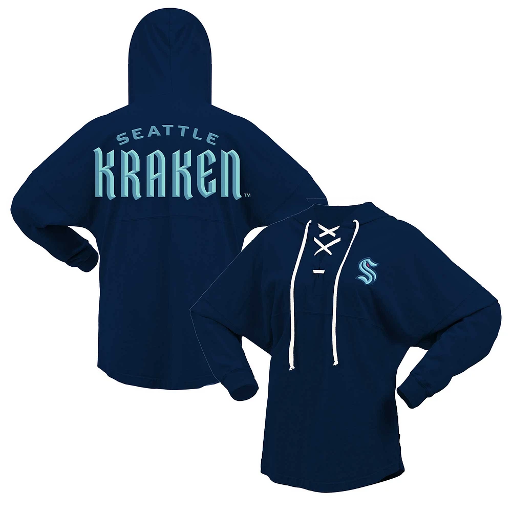 T-shirt à capuche manches longues et col en V Fanatics Deep Sea Blue Seattle Kraken pour femmes