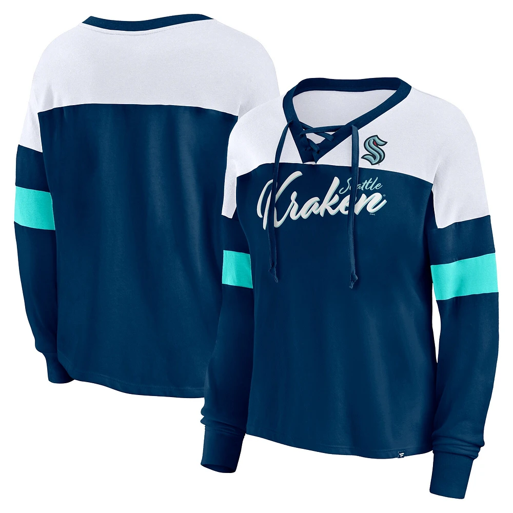 Women's Fanatics Deep Sea Blue Seattle Kraken Take the Shot Long Sleeve Lace-Up V-Neck T-Shirt