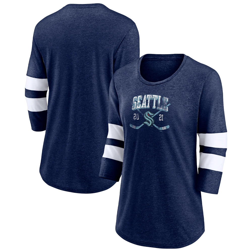 Women's Fanatics Heather Deep Sea Blue Seattle Kraken Line Shift Tri-Blend Three-Quarter Sleeve T-Shirt