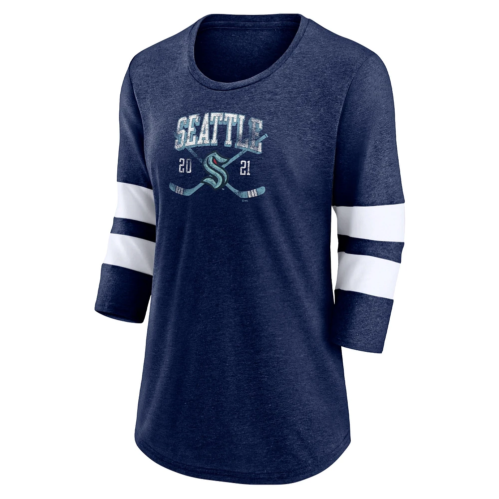 Women's Fanatics Heather Deep Sea Blue Seattle Kraken Line Shift Tri-Blend Three-Quarter Sleeve T-Shirt