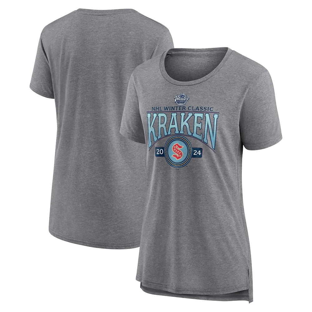 Women's Fanatics Heather Gray Seattle Kraken 2024 NHL Winter Classic Distressed Tri-Blend T-Shirt