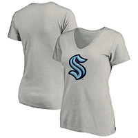 Women's Fanatics Heather Gray Seattle Kraken Plus Primary Logo V-Neck T-Shirt