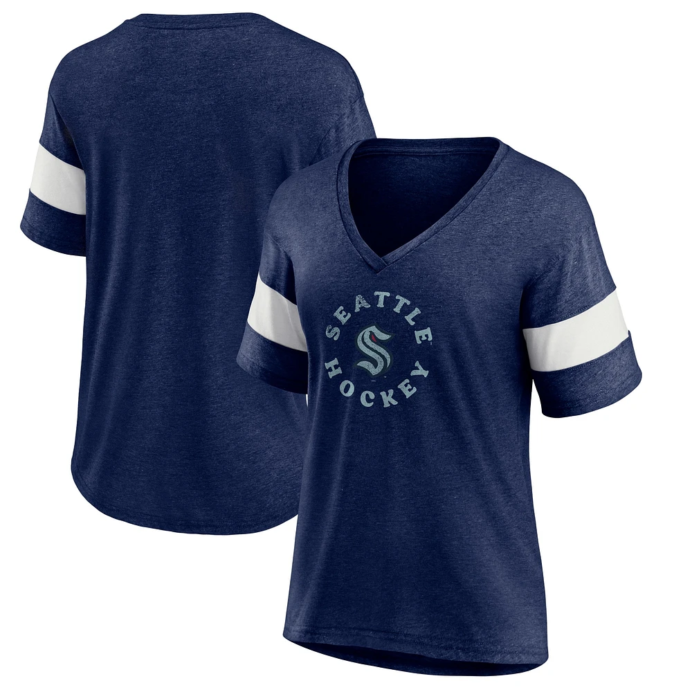 Women's Fanatics Heather Navy Seattle Kraken Special Edition 2.0 Ring The Alarm V-Neck T-Shirt