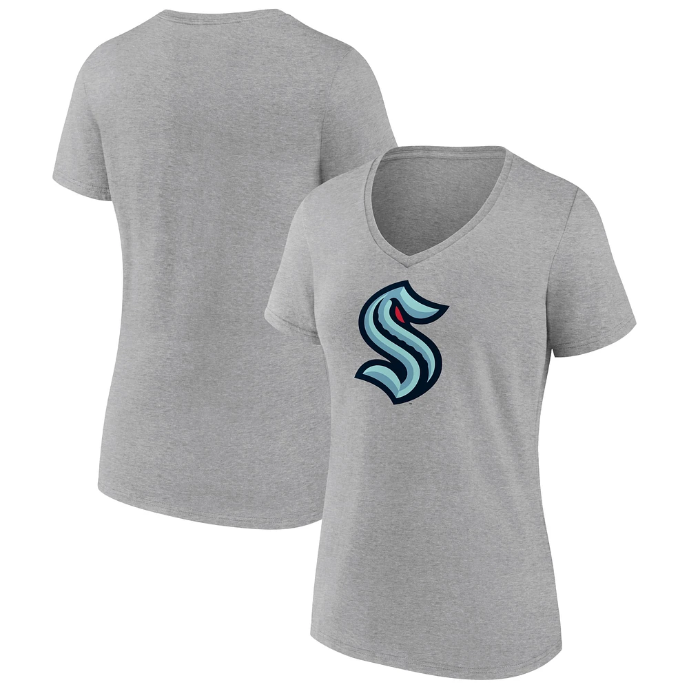 Women's Fanatics Heathered Gray Seattle Kraken Primary Logo Team V-Neck T-Shirt