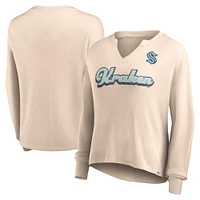 Women's Fanatics Oatmeal Seattle Kraken Go For It Notch Neck Waffle Knit Long Sleeve T-Shirt