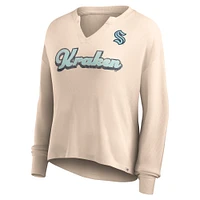 Women's Fanatics Oatmeal Seattle Kraken Go For It Notch Neck Waffle Knit Long Sleeve T-Shirt