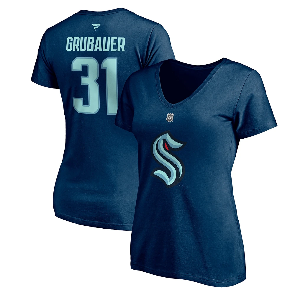 Fanatics pour femmes Philipp Grubauer Deep Sea Blue Seattle Kraken Authentic Stack Name & Number T-shirt à col en V