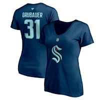 Women's Fanatics Philipp Grubauer Deep Sea Blue Seattle Kraken Authentic Stack Name & Number V-Neck T-Shirt