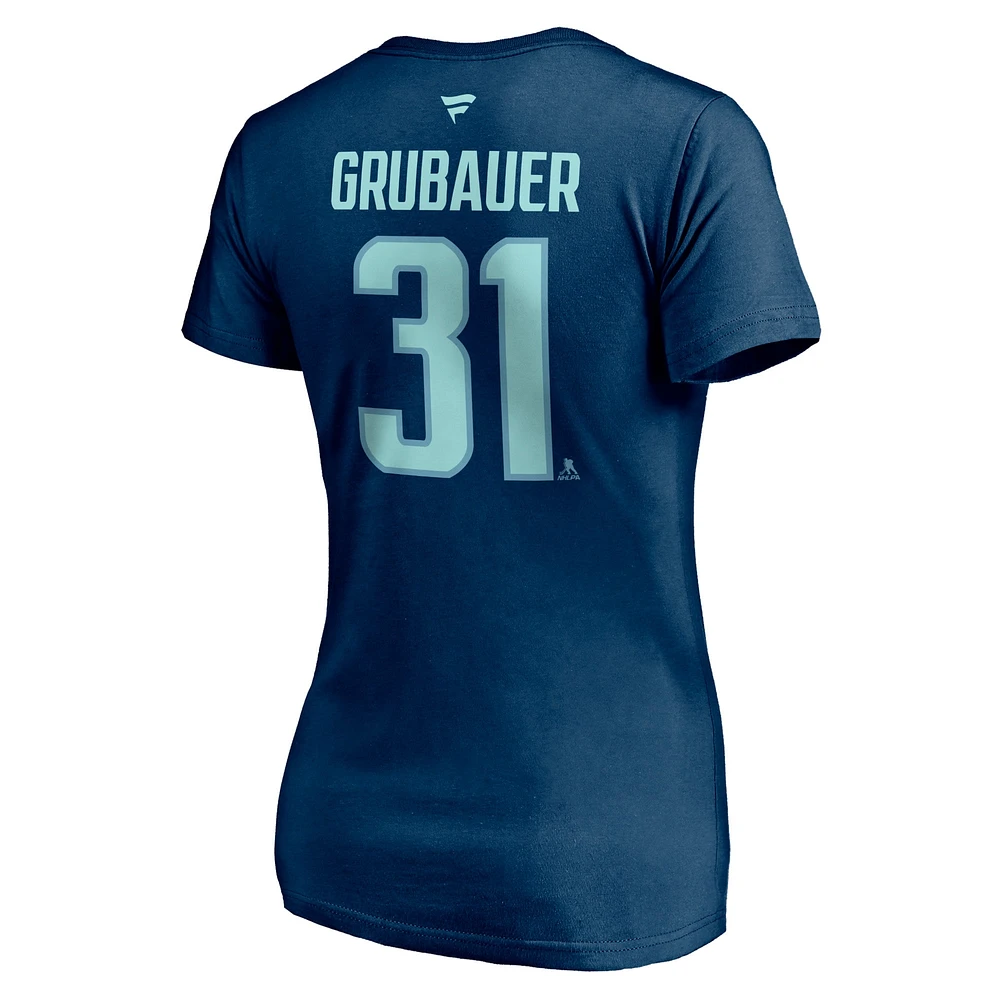 Women's Fanatics Philipp Grubauer Deep Sea Blue Seattle Kraken Authentic Stack Name & Number V-Neck T-Shirt