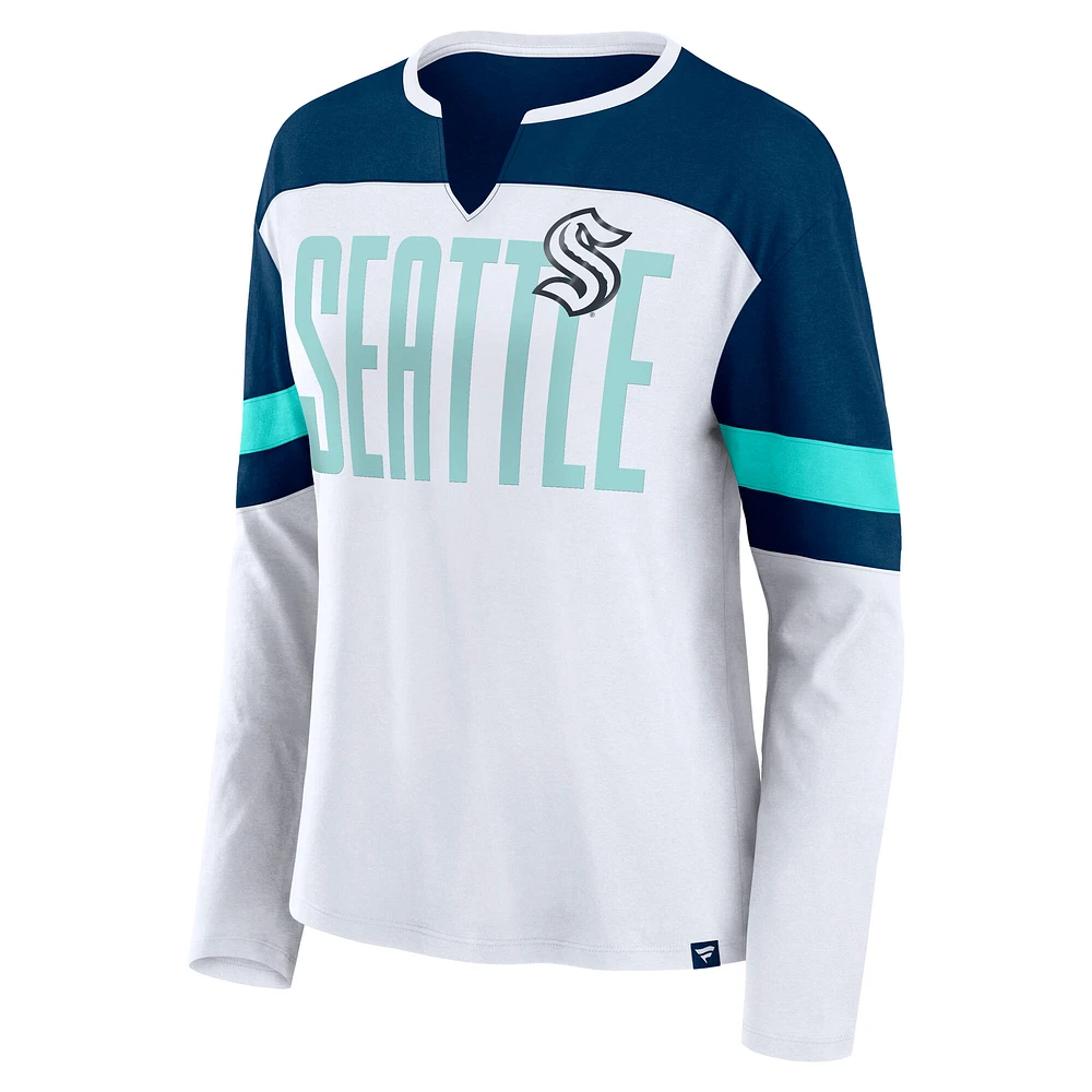 Women's Fanatics White/Deep Sea Blue Seattle Kraken Frozen Long Sleeve Notch Neck T-Shirt