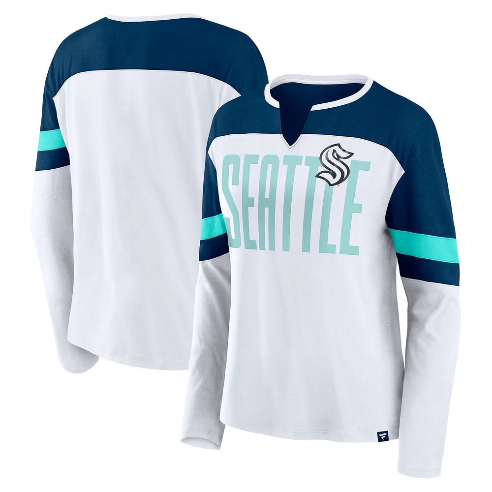 Women's Fanatics White/Deep Sea Blue Seattle Kraken Frozen Long Sleeve Notch Neck T-Shirt