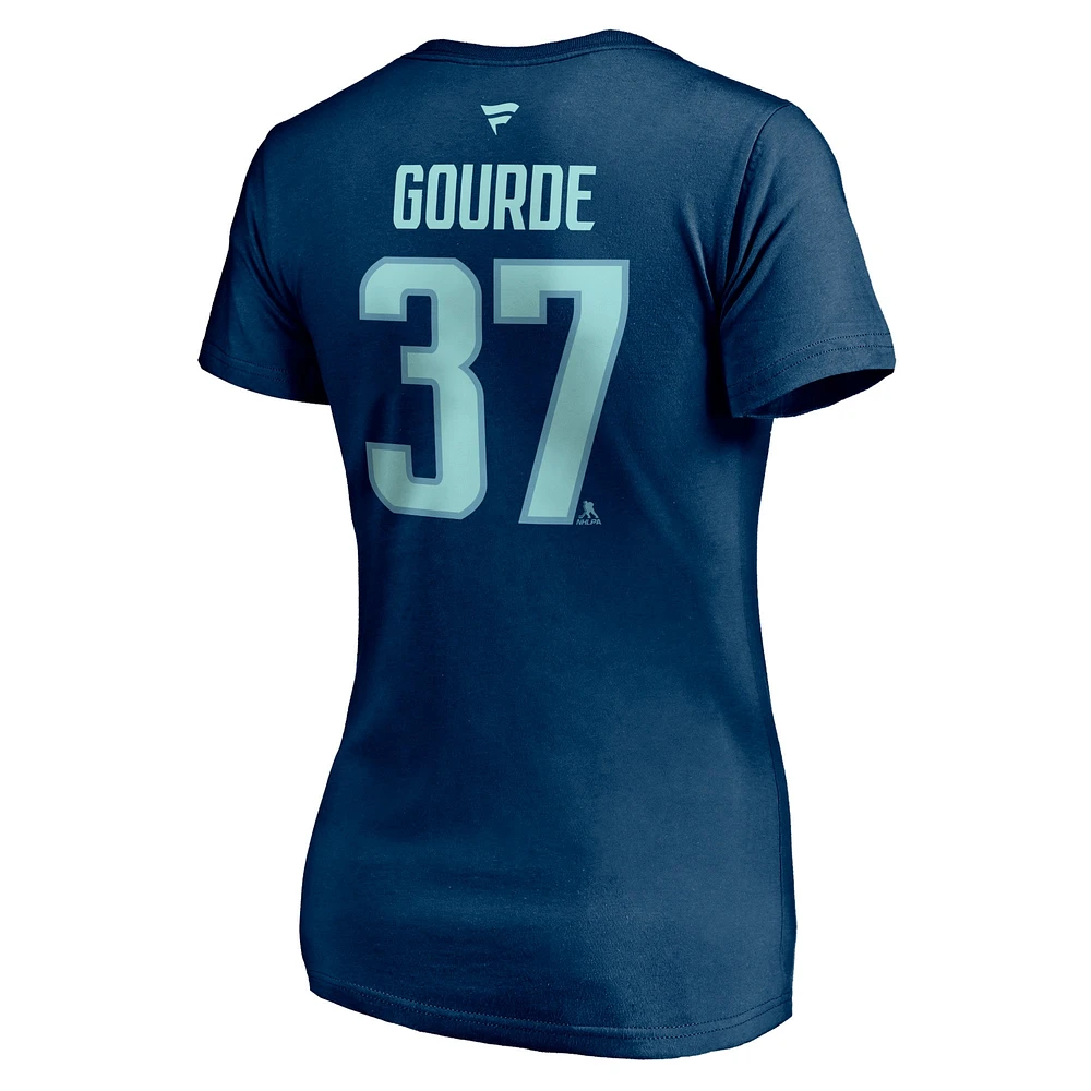 Fanatics pour femmes Yanni Gourde Deep Sea Blue Seattle Kraken - T-shirt à col en V authentique avec nom et numéro de pile