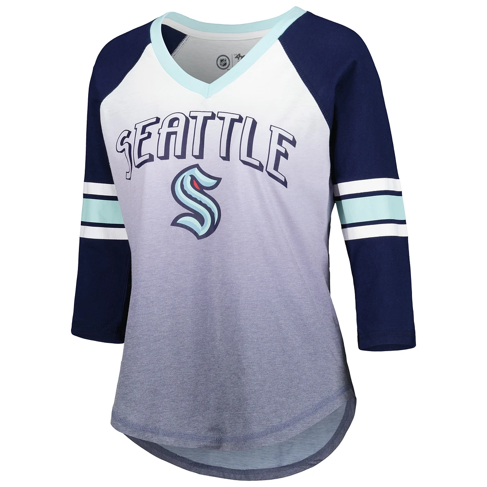 Women's G-III 4Her by Carl Banks Deep Sea Blue Seattle Kraken Lead Off Tri-Blend Raglan 3/4-Sleeve V-Neck T-Shirt