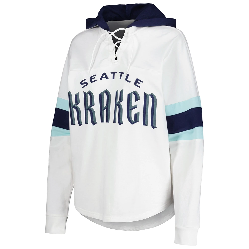 Women's G-III 4Her by Carl Banks White/Deep Sea Blue Seattle Kraken Goal Zone Long Sleeve Lace-Up Hoodie T-Shirt