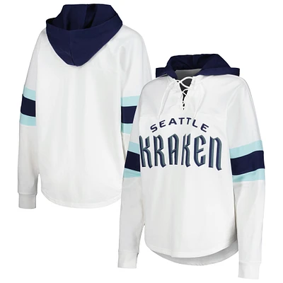 Women's G-III 4Her by Carl Banks White/Deep Sea Blue Seattle Kraken Goal Zone Long Sleeve Lace-Up Hoodie T-Shirt