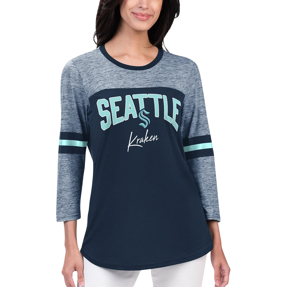 Women's G-III Sports by Carl Banks Deep Sea Blue Seattle Kraken Play The Game Tri-Blend 3/4 Sleeve T-Shirt