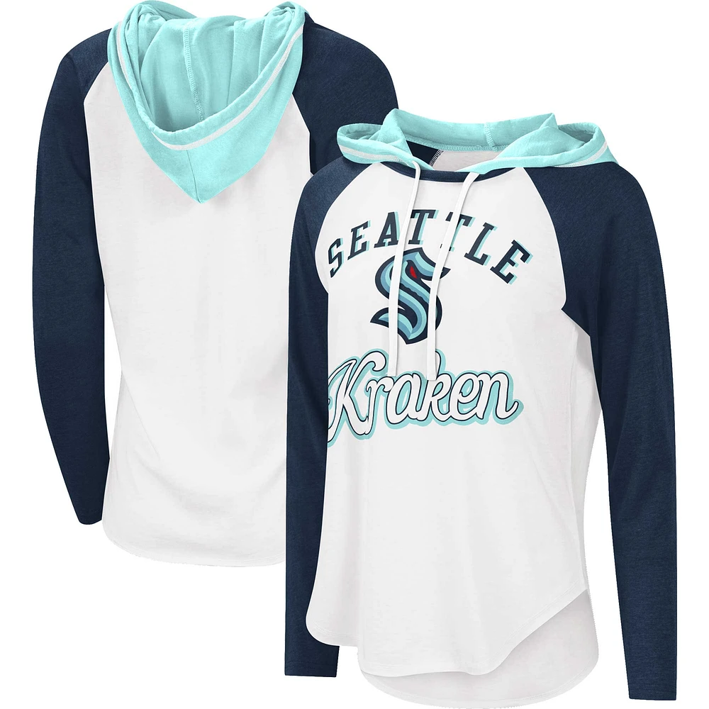 T-shirt à capuche léger G-III Sports by Carl Banks pour femme, blanc/bleu marine, motif Seattle Kraken MVP Raglan