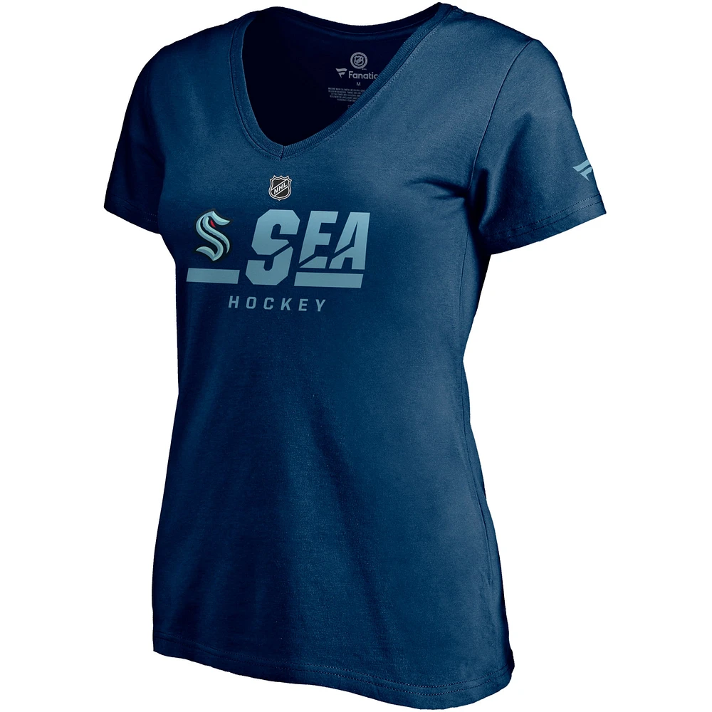 T-shirt à col en V pour femme bleu marine avec logo secondaire Seattle Kraken Authentic Pro