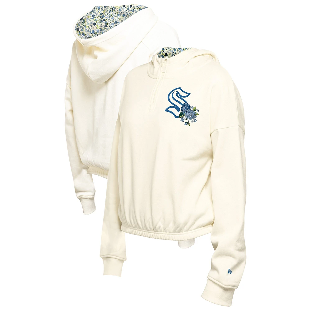 Women's New Era Cream Seattle Kraken Glam Game Quarter-Zip Cropped Floral Hoodie Pullover