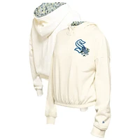 Women's New Era Cream Seattle Kraken Glam Game Quarter-Zip Cropped Floral Hoodie Pullover