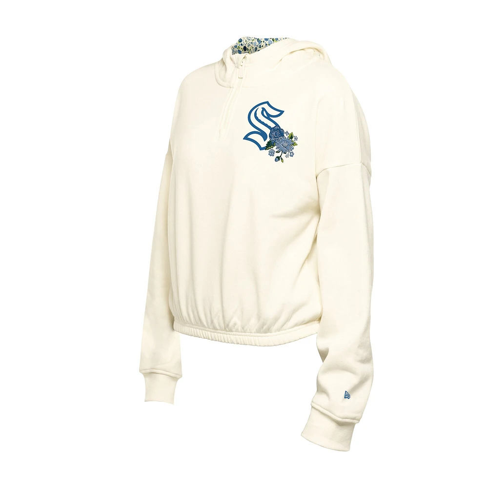 Women's New Era Cream Seattle Kraken Glam Game Quarter-Zip Cropped Floral Hoodie Pullover