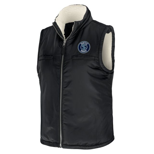 Women's WEAR by Erin Andrews Noir/Crème Seattle Kraken Gilet Sherpa Réversible Full-Zip