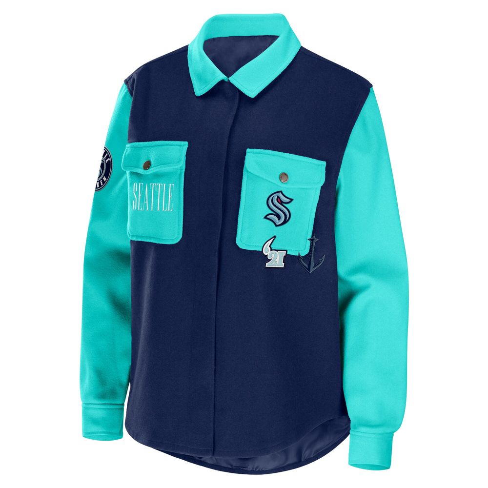 Women's WEAR by Erin Andrews Deep Sea Blue/Light Blue Seattle Kraken Colorblock Button-Up Shirt Jacket