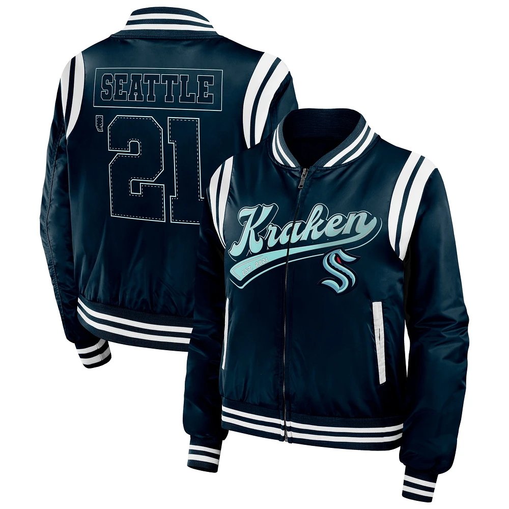 Veste aviateur entièrement zippée Seattle Kraken Baller bleu marine pour femme WEAR by Erin Andrews