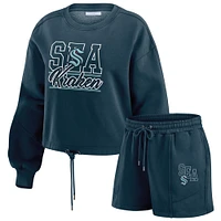 Women's WEAR by Erin Andrews Deep Sea Blue Seattle Kraken Washed Fleece Sweatshirt & Shorts Lounge Set