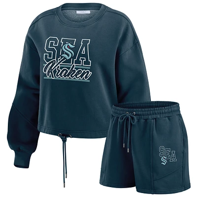 Ensemble de détente pour femme WEAR by Erin Andrews avec sweat-shirt et short en polaire délavé Deep Sea Blue Seattle Kraken