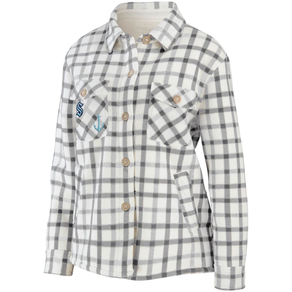 Women's WEAR by Erin Andrews Oatmeal Seattle Kraken Plaid Button-Up Shirt Jacket