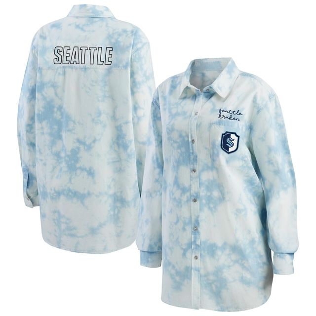 WEAR by Erin Andrews Chemise en jean boutonnée oversize Seattle Kraken blanche à imprimé tie-dye pour femmes