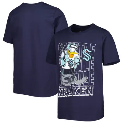 T-shirt à trois tourbes Seattle Kraken Disney Donald Duck pour jeunes, bleu profond