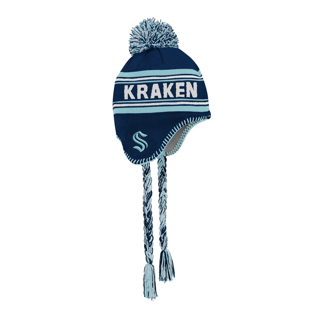 Bonnet tricoté à pompon en jacquard Seattle Kraken bleu marine pour jeunes