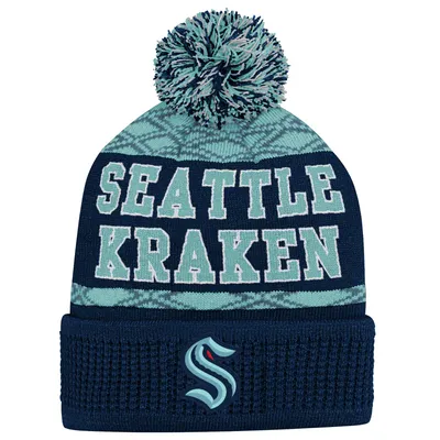 Seattle Kraken Youth Puck Pattern Cuffed Knit Hat with Pom - Deep Sea Blue
