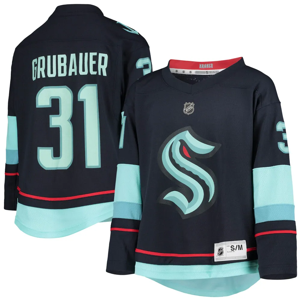 Maillot de joueur réplique pour jeunes Philipp Grubauer Deep Sea Blue Seattle Kraken Home