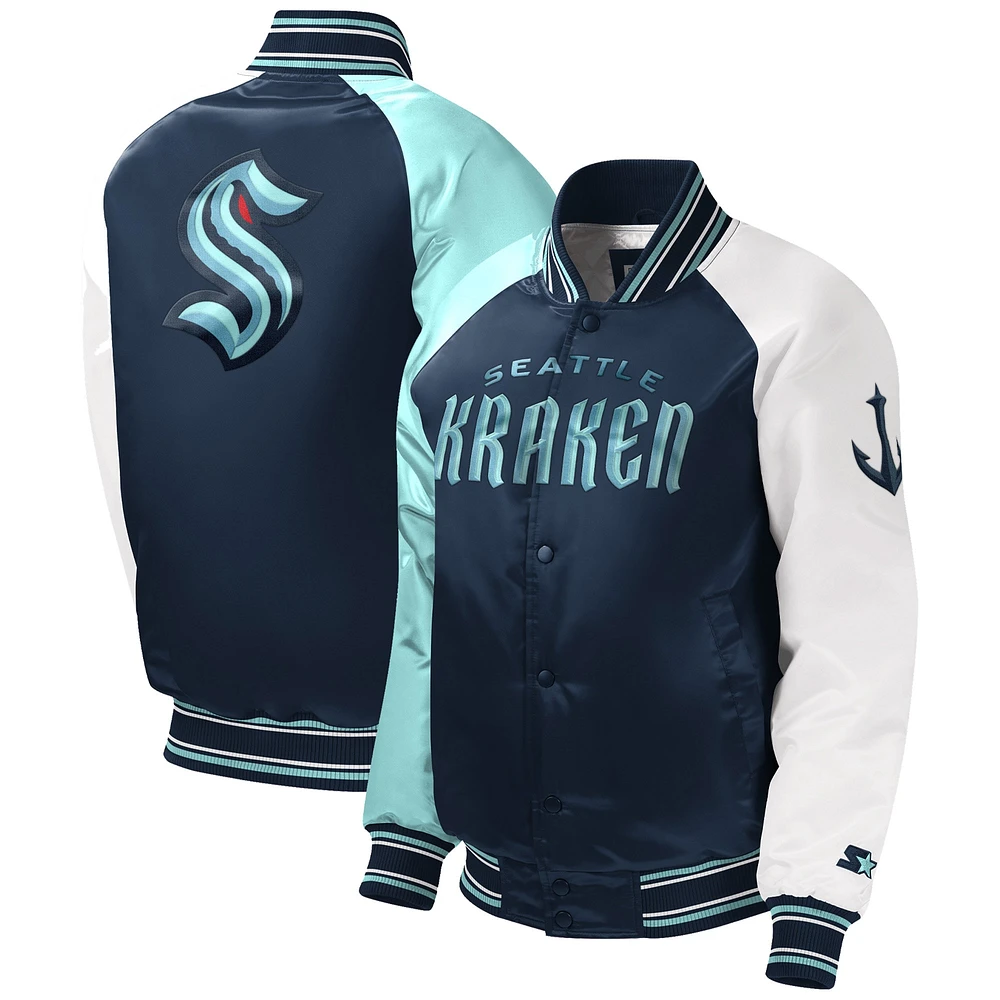 Youth Starter Deep Sea Blue Seattle Kraken Raglan Full-Snap Varsity Jacket