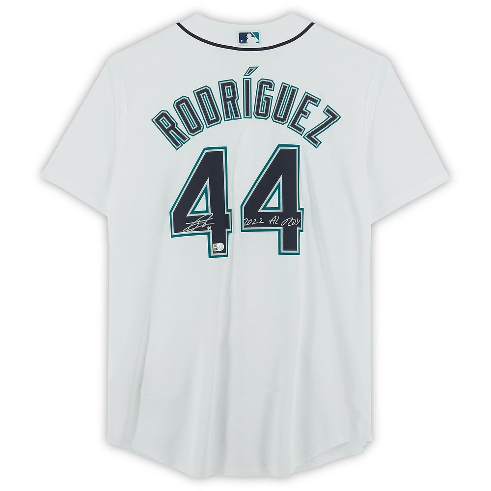 Maillot réplique Nike blanc autographié par Julio Rodriguez des Seattle Mariners avec l'inscription « 2022 AL ROY »