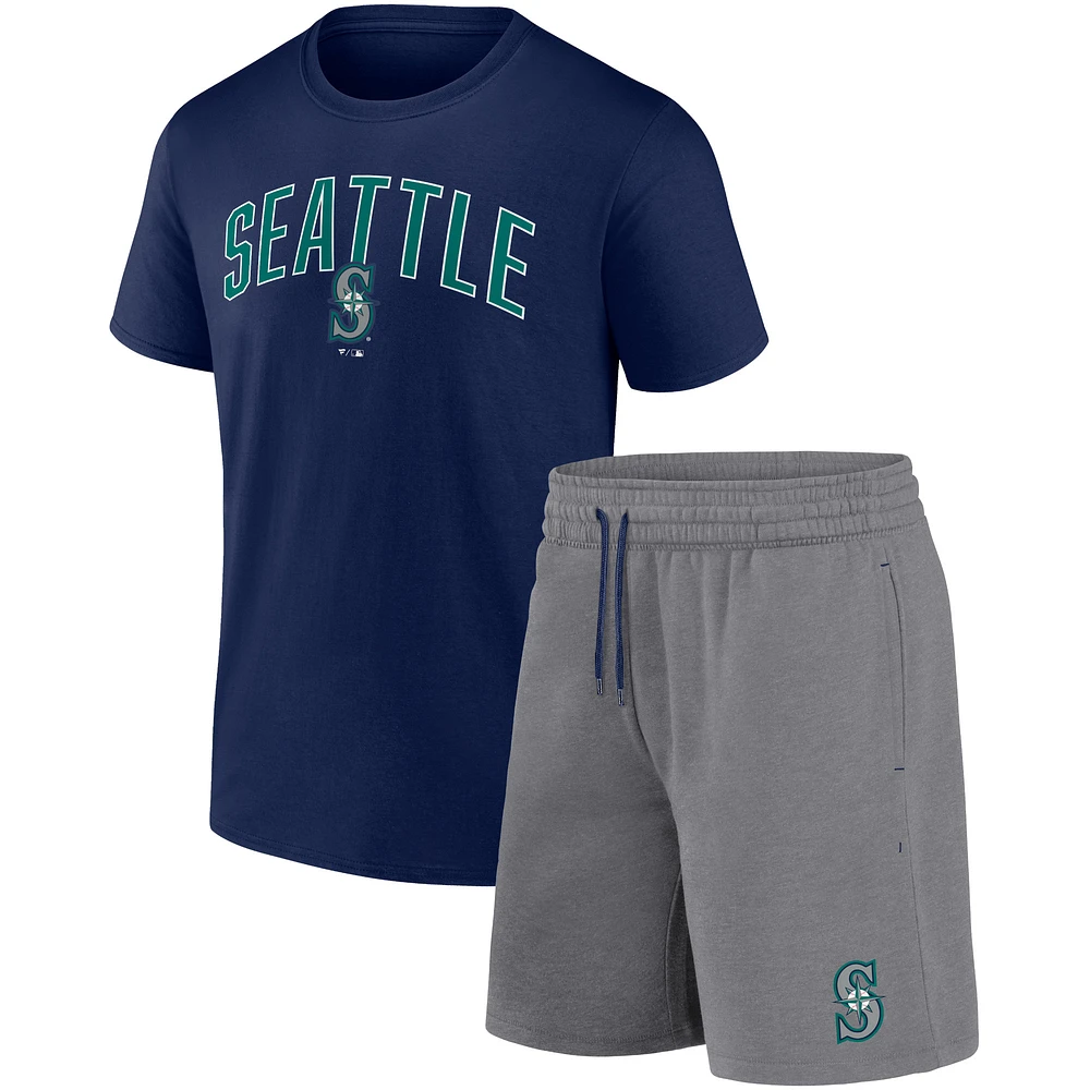 Ensemble combiné t-shirt et short Fanatics pour hommes bleu marine/gris chiné Seattle Mariners Arch