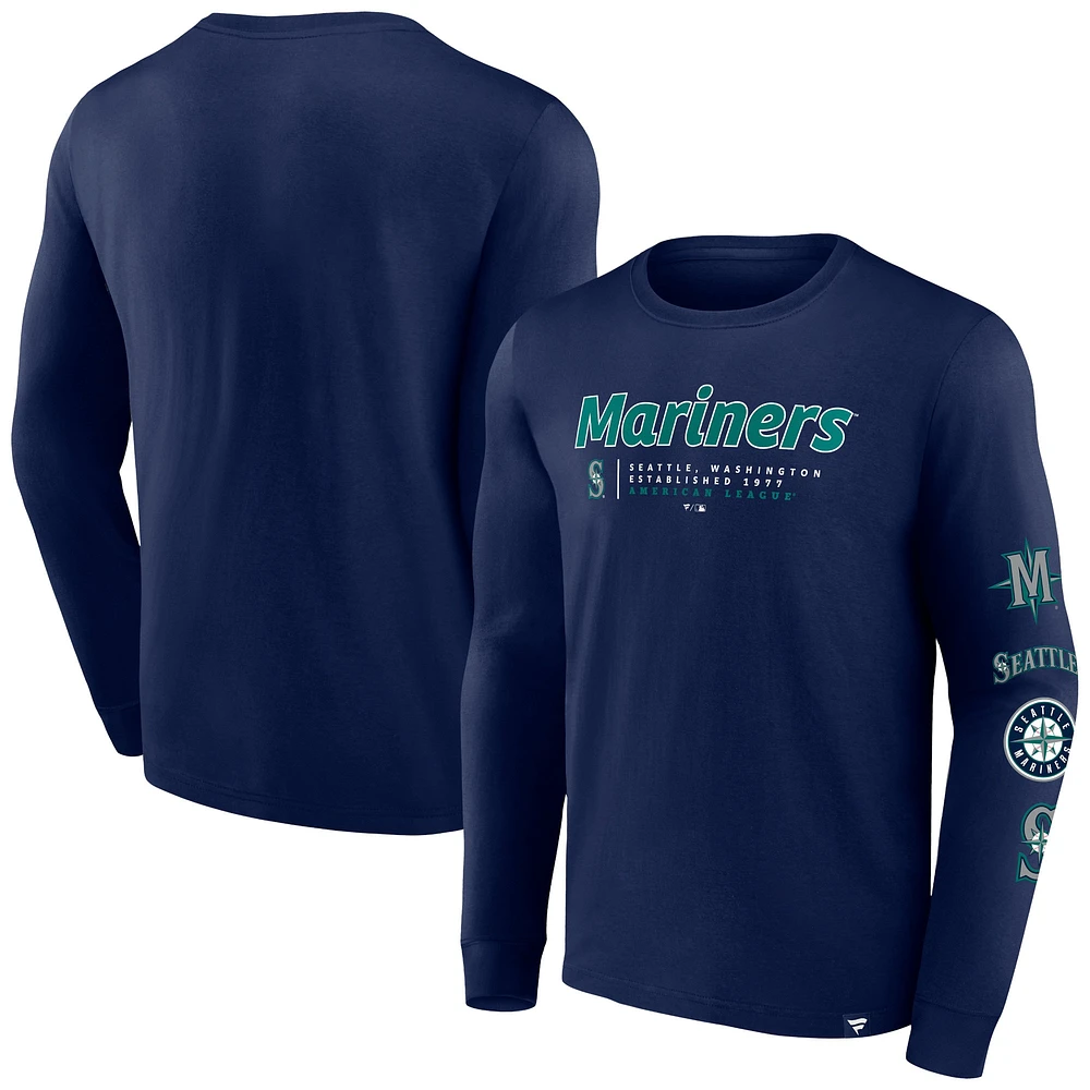 T-shirt à manches longues Fanatics Navy Seattle Mariners Strike the Goal pour hommes